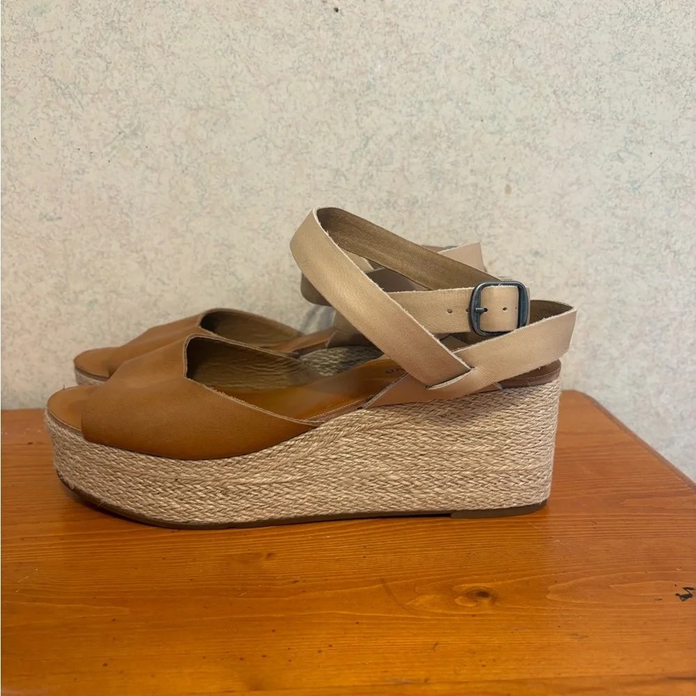 Lucky Brand Ginny Women's Tan Leather Espadrille Platform Sandals heel size 11